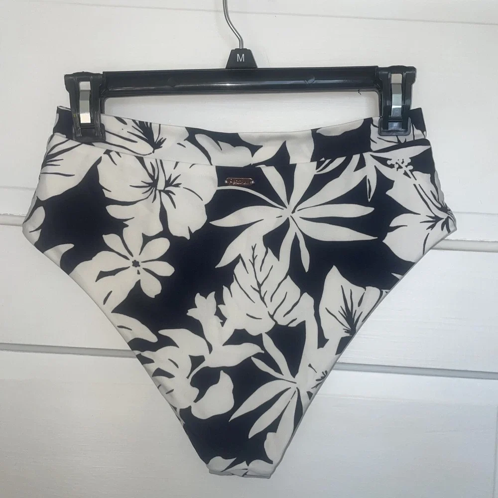 Two Piece Bathing Suit Bikini Cheeky Bottoms Hawaiian Floral‎ Dark Blue White